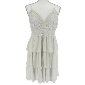 White Lace Smocked Tiered Ruffle Dress Layered Romantic Cottagecore Boho Women L